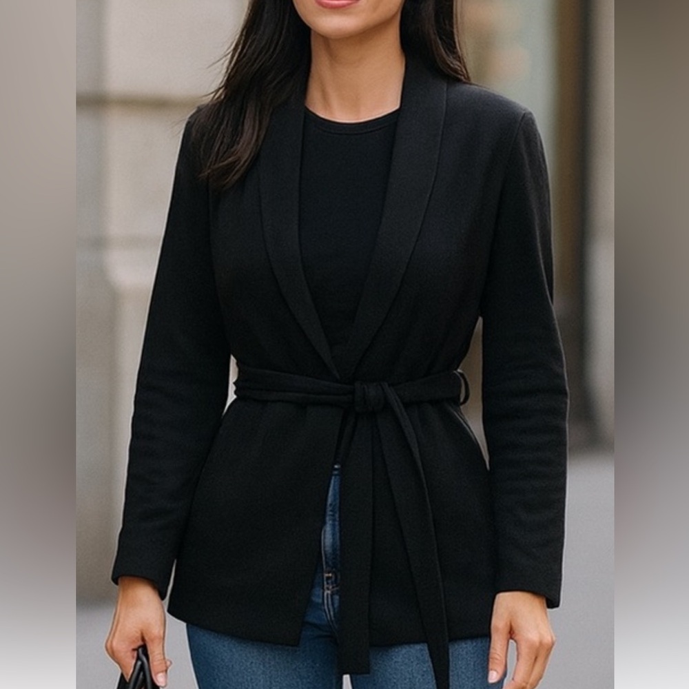Hugo Boss Jolaena Woman's Black Open Front Blazer Jacket with Waist Tie Size 4